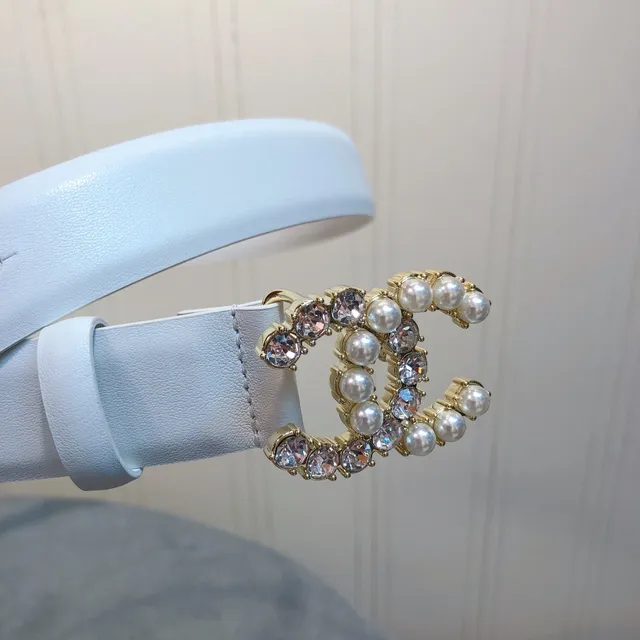 Chanel Pearl & Crystal CC Belt Light Blue Leather Belt 2