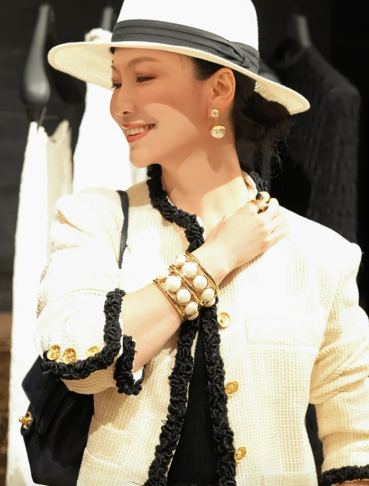 Chanel Pearl Cuff Gold White Multi-Row Metal Bracelet 2