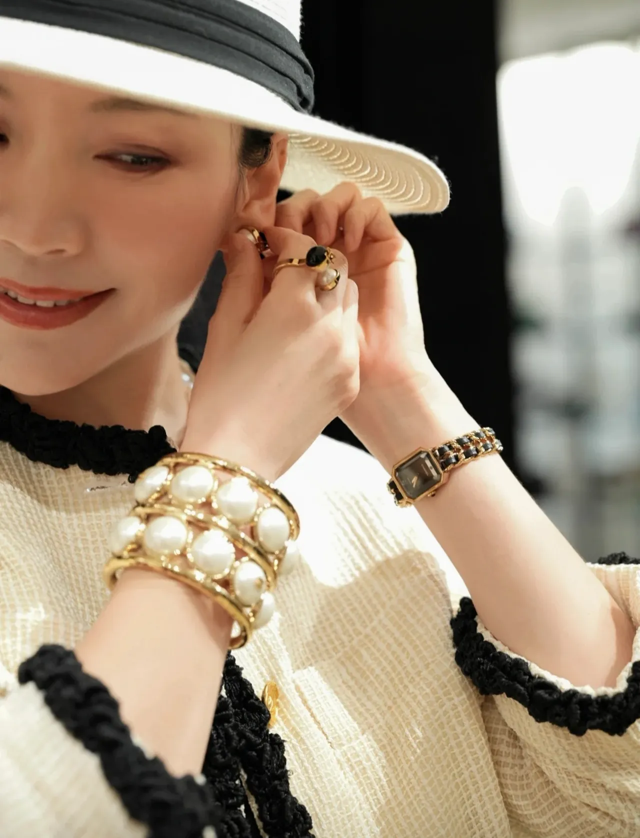 Chanel Pearl Cuff Gold White Multi-Row Metal Bracelet 3