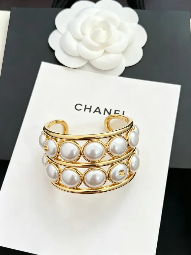 Chanel Pearl Cuff Gold White Multi-Row Metal Bracelet 5