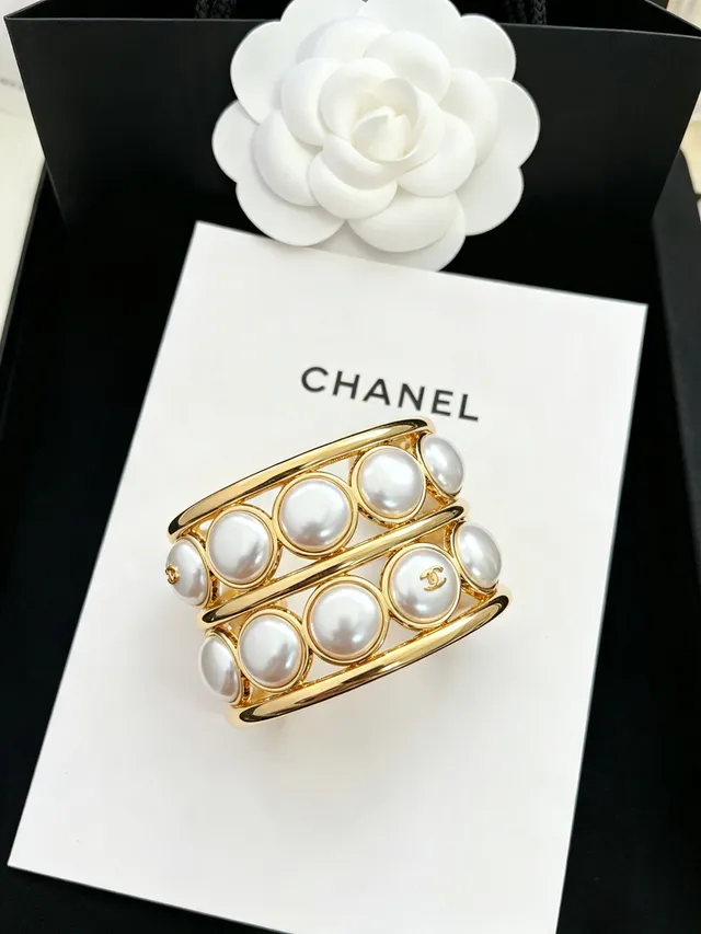 Chanel Pearl Cuff Gold White Multi-Row Metal Bracelet 6
