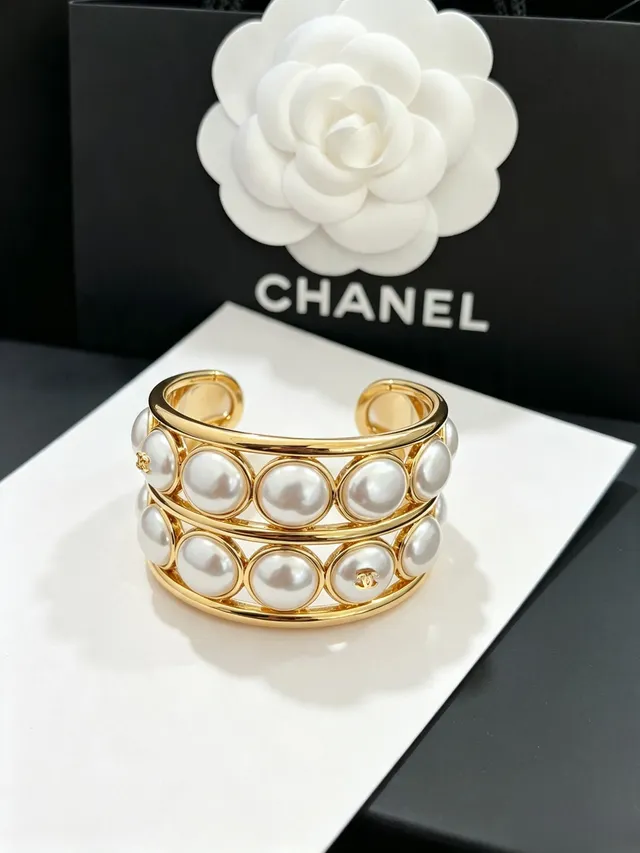 Chanel Pearl Cuff Gold White Multi-Row Metal Bracelet 7
