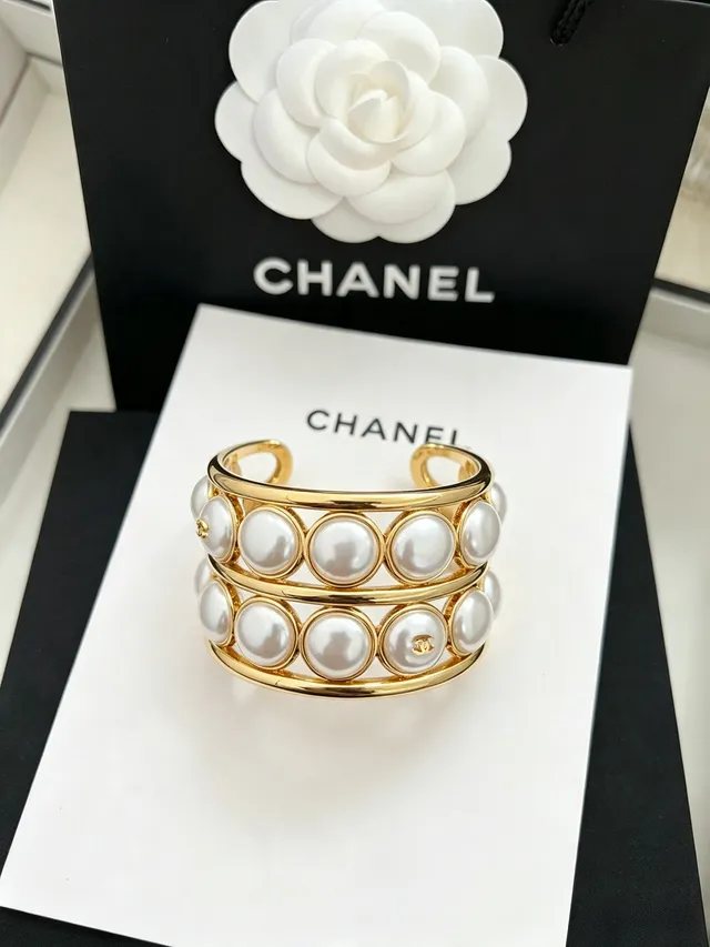 Chanel Pearl Cuff Gold White Multi-Row Metal Bracelet 8