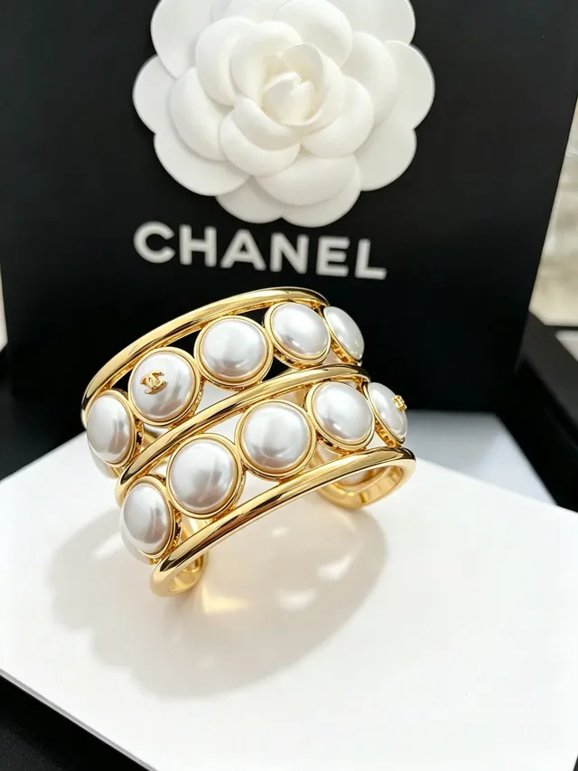 Chanel Pearl Cuff Gold White Multi-Row Metal Bracelet 9