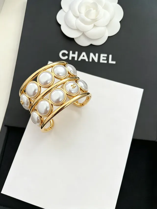 Chanel Pearl Cuff Gold White Multi-Row Metal Bracelet 10