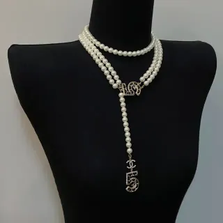 Chanel Pearl Lariat White Gold Multi-Strand Style Necklace