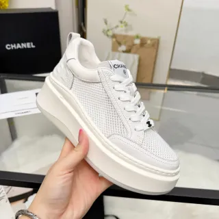 Chanel 平台厚底 白 网面 皮革 厚底运动鞋