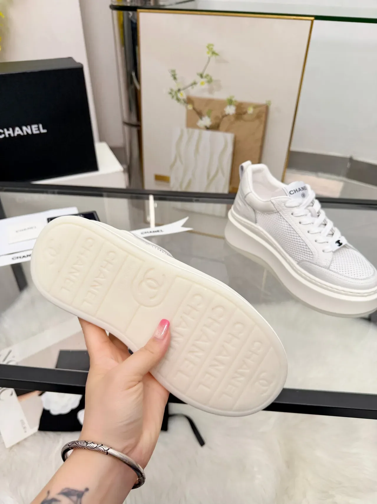 Chanel Platform Sneaker White Perforated Mesh and Leather Chunky Sneakers 4