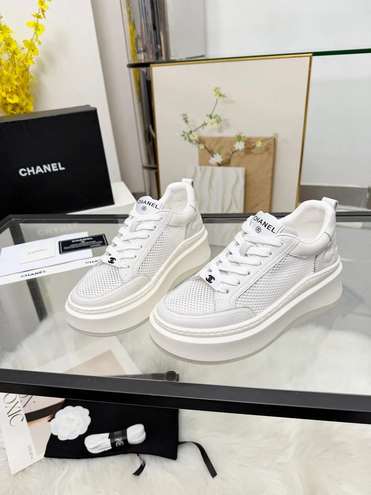 Chanel Platform Sneaker White Perforated Mesh and Leather Chunky Sneakers 5