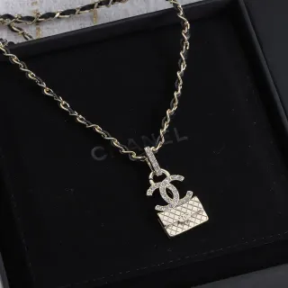 Chanel Quilted Handbag Pendant Gold Black Metal Necklace