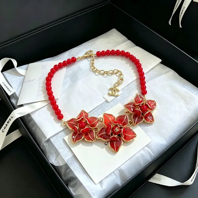 Chanel Red Beaded Enamel Camellia Necklace 6