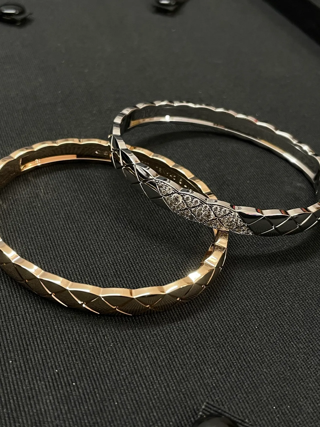 Chanel Silver Gold Quilted Cannage Motif Pavé-Set Stones Bracelet 7