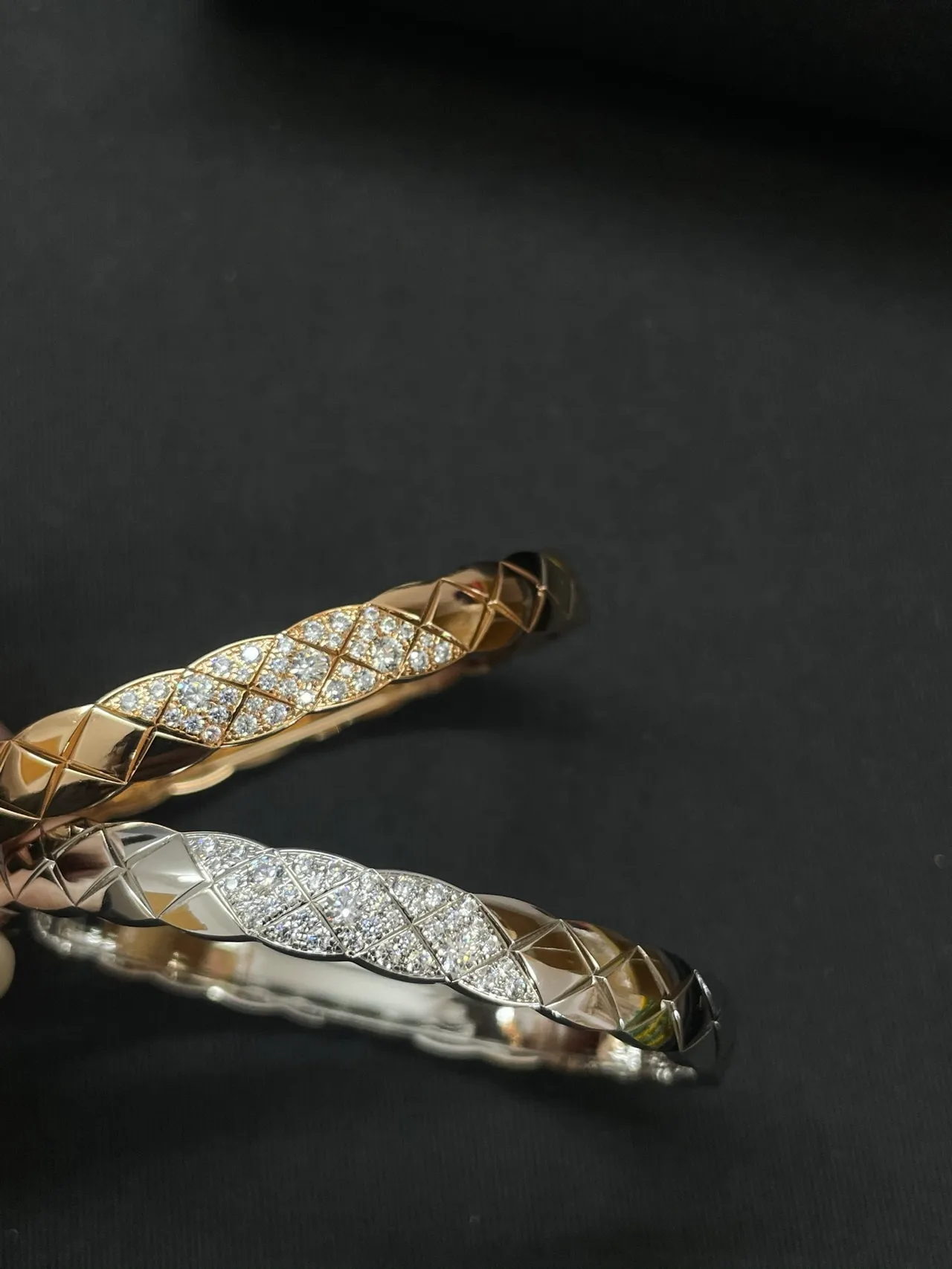 Chanel Silver Gold Quilted Cannage Motif Pavé-Set Stones Bracelet 8