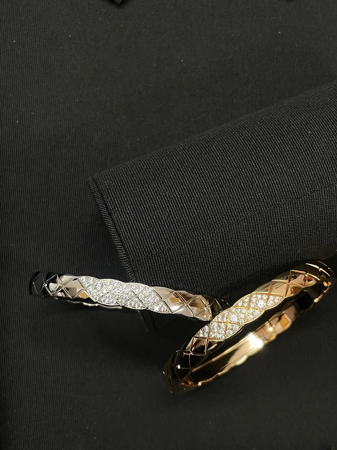 Chanel Silver Gold Quilted Cannage Motif Pavé-Set Stones Bracelet 9
