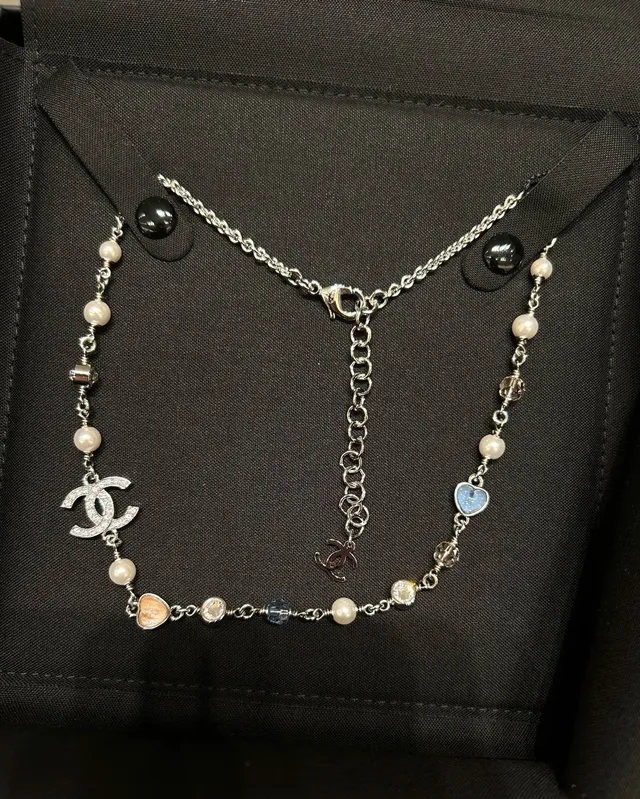 Chanel Silver Multicolor Chain Pavé-Encrusted CC Logo Necklace 4