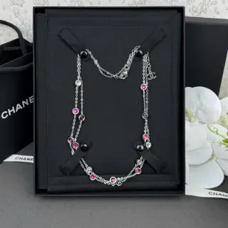 Chanel Silver Pink Multi-Strand Chain Cabochon-Set Necklace