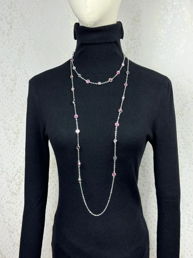Chanel Silver Pink Multi-Strand Chain Cabochon-Set Necklace 3