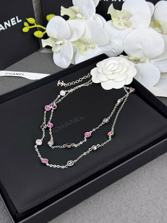 Chanel Silver Pink Multi-Strand Chain Cabochon-Set Necklace 4