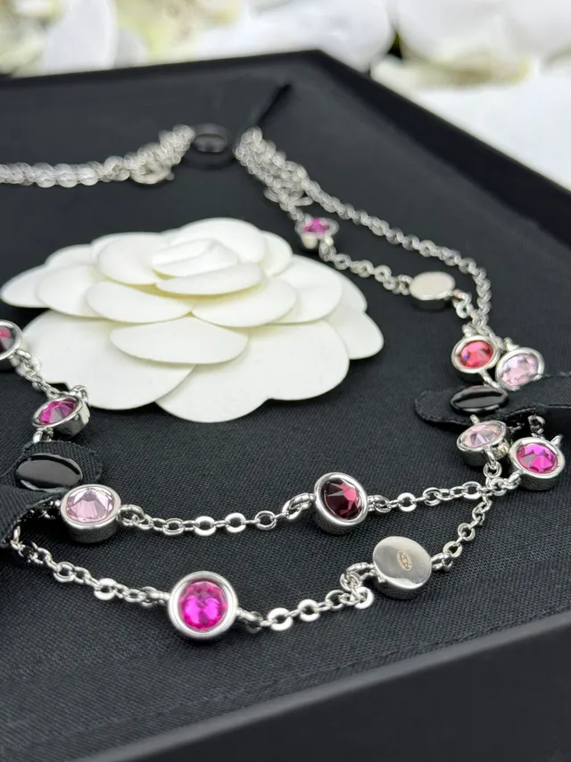 Chanel Silver Pink Multi-Strand Chain Cabochon-Set Necklace 5