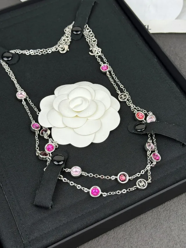 Chanel Silver Pink Multi-Strand Chain Cabochon-Set Necklace 6