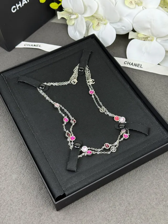 Chanel Silver Pink Multi-Strand Chain Cabochon-Set Necklace 7