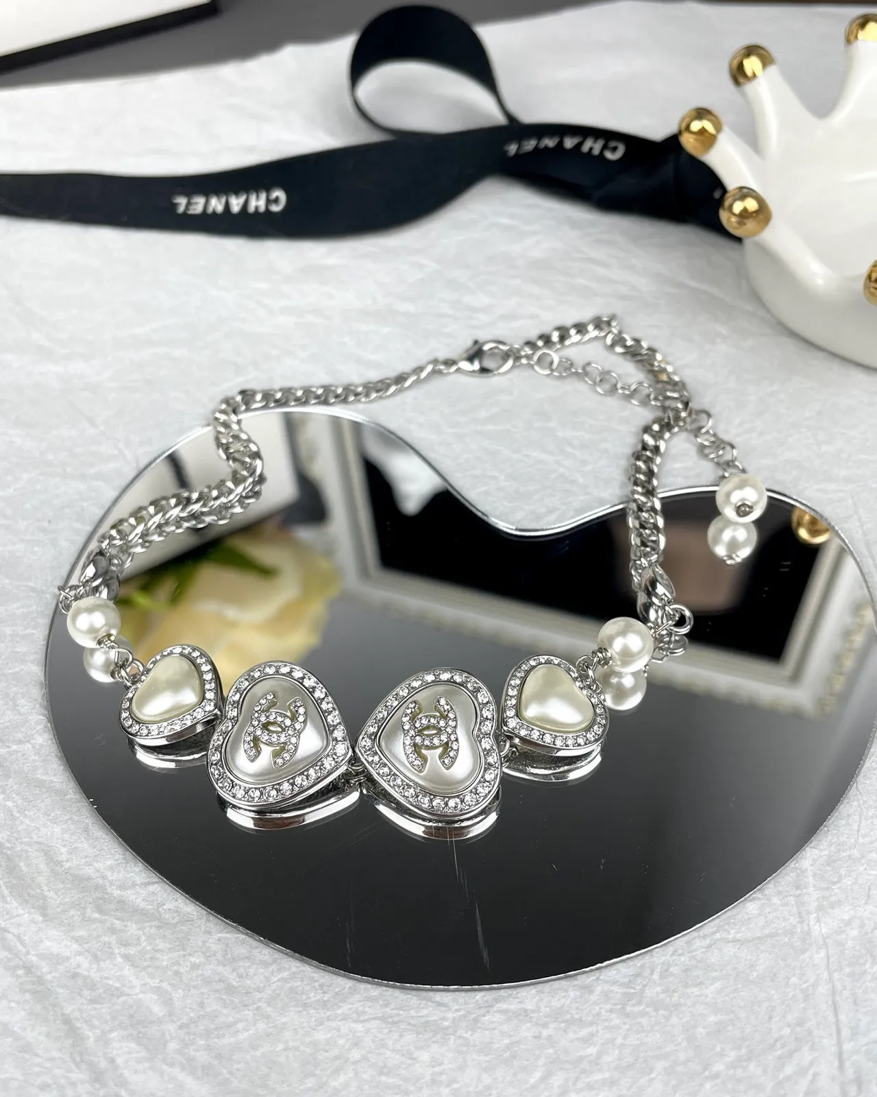 Chanel Silver White Curb Chain Heart-Shaped Pendants Necklace 2