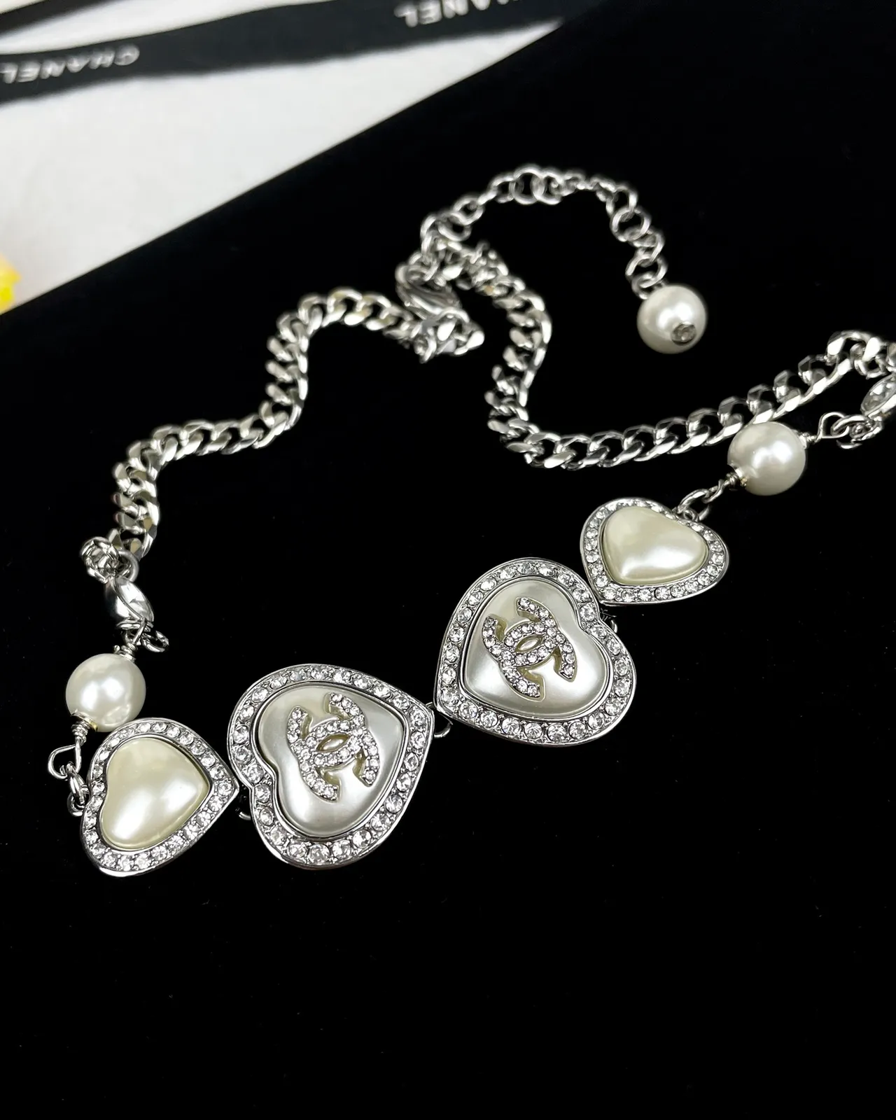 Chanel Silver White Curb Chain Heart-Shaped Pendants Necklace 4