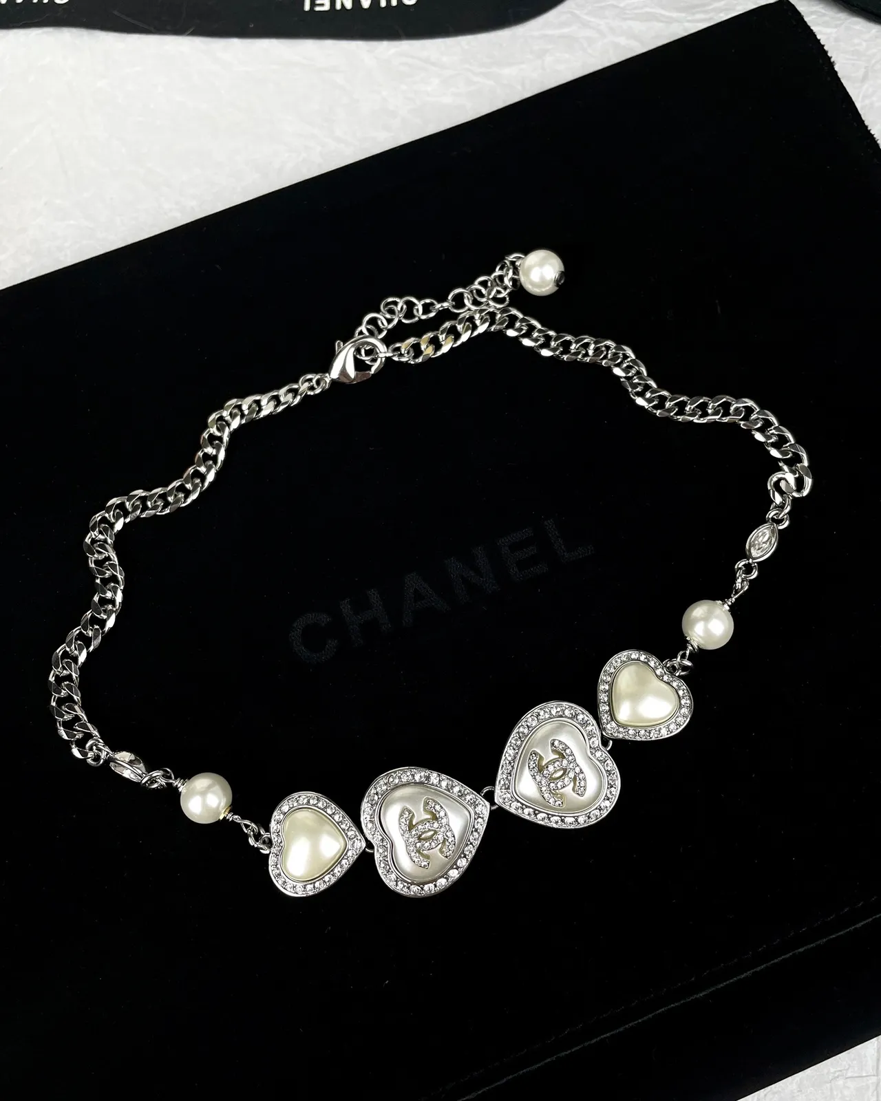 Chanel Silver White Curb Chain Heart-Shaped Pendants Necklace 5