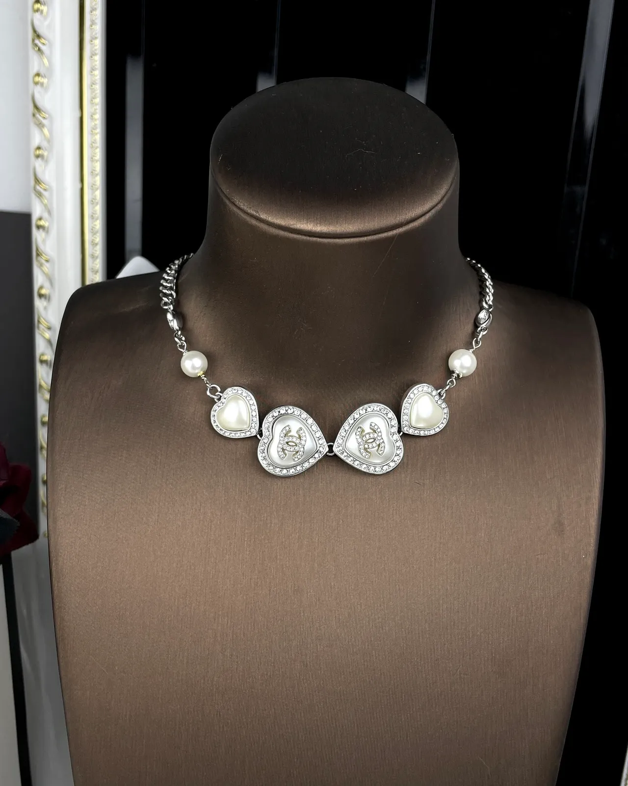 Chanel Silver White Curb Chain Heart-Shaped Pendants Necklace 6