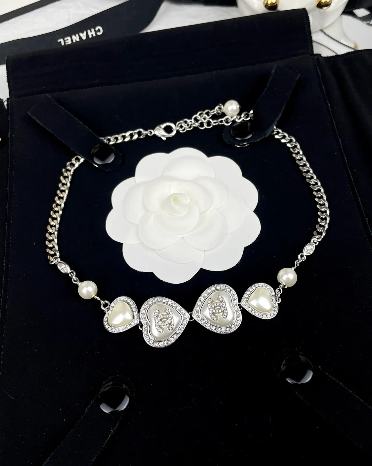 Chanel Silver White Curb Chain Heart-Shaped Pendants Necklace 8