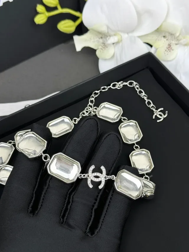 Chanel Silver White Metal Rectangular Resin-Inset Links Necklace 6