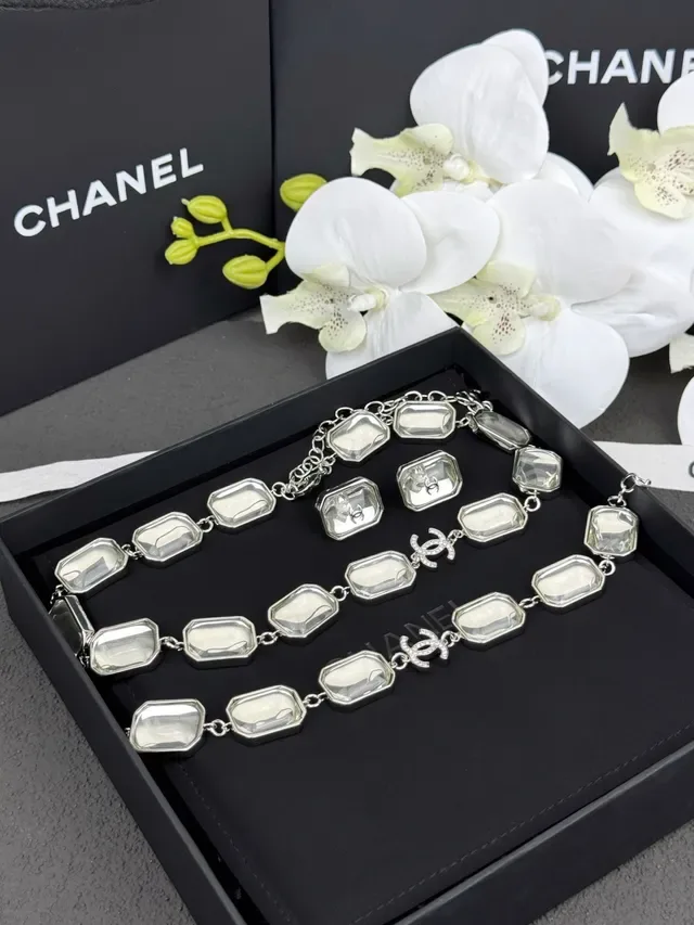 Chanel Silver White Metal Rectangular Resin-Inset Links Necklace 7