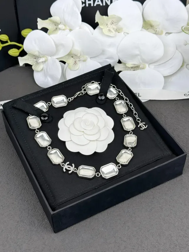 Chanel Silver White Metal Rectangular Resin-Inset Links Necklace 8