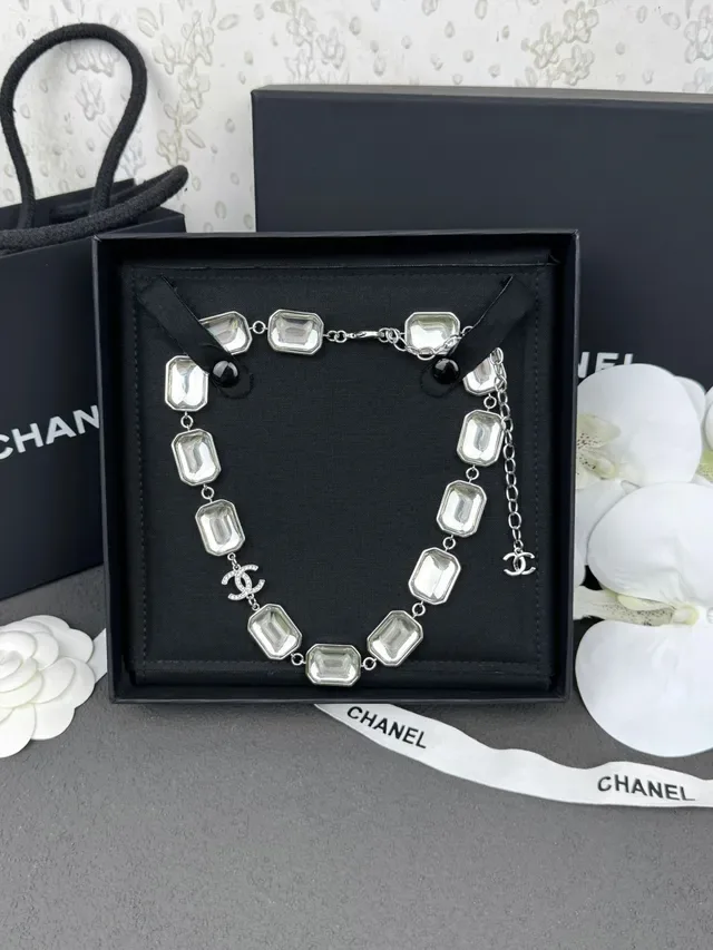 Chanel Silver White Metal Rectangular Resin-Inset Links Necklace 9