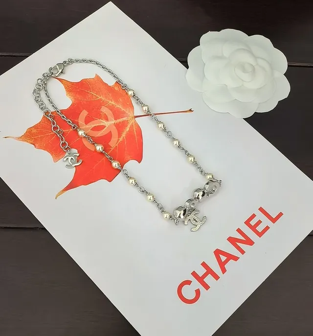 Chanel Silver White Pearl-Accented Interlocking CC Logo Necklace 2