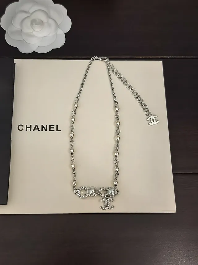 Chanel Silver White Pearl-Accented Interlocking CC Logo Necklace 4