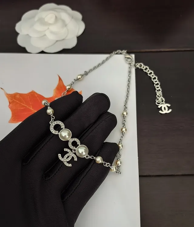 Chanel Silver White Pearl-Accented Interlocking CC Logo Necklace 5