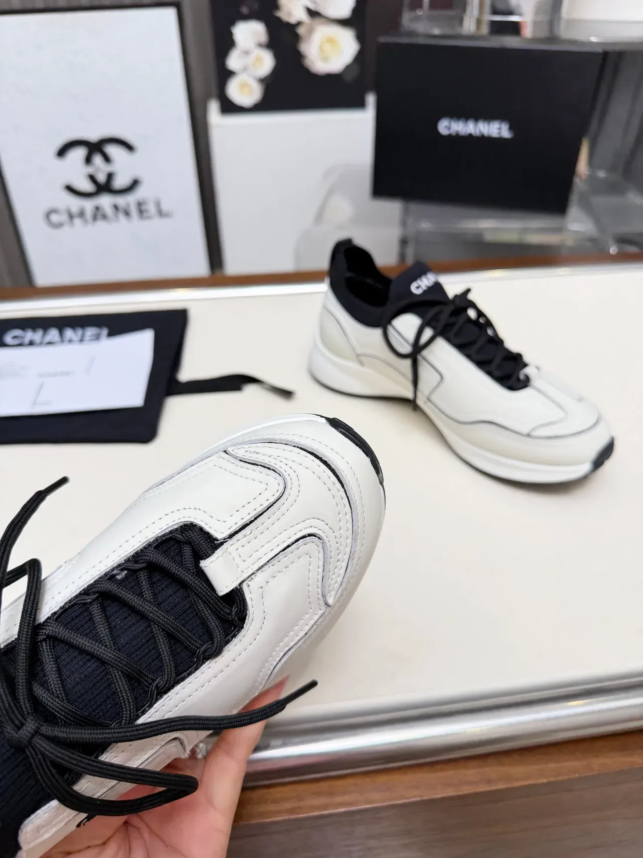Chanel White and Black Leather CC Logo Chunky Sneakers 2