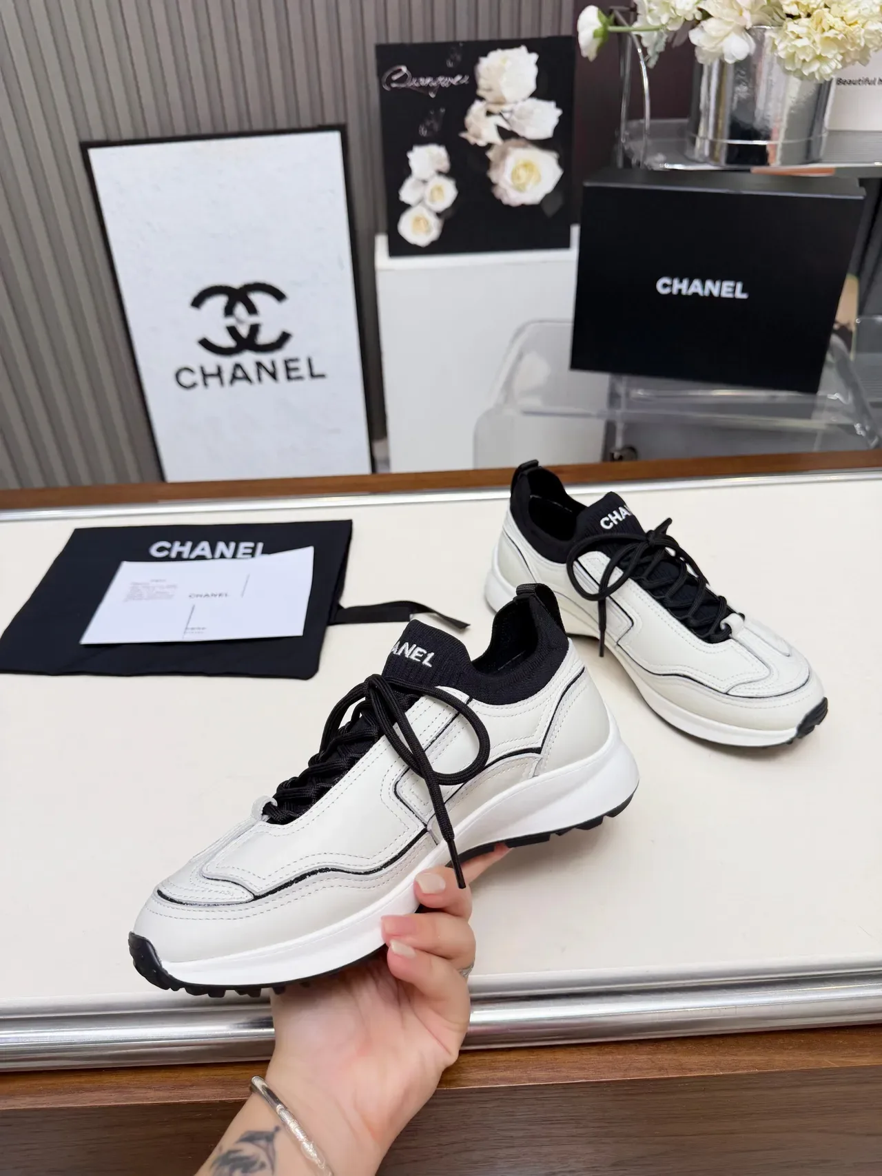 Chanel White and Black Leather CC Logo Chunky Sneakers 3