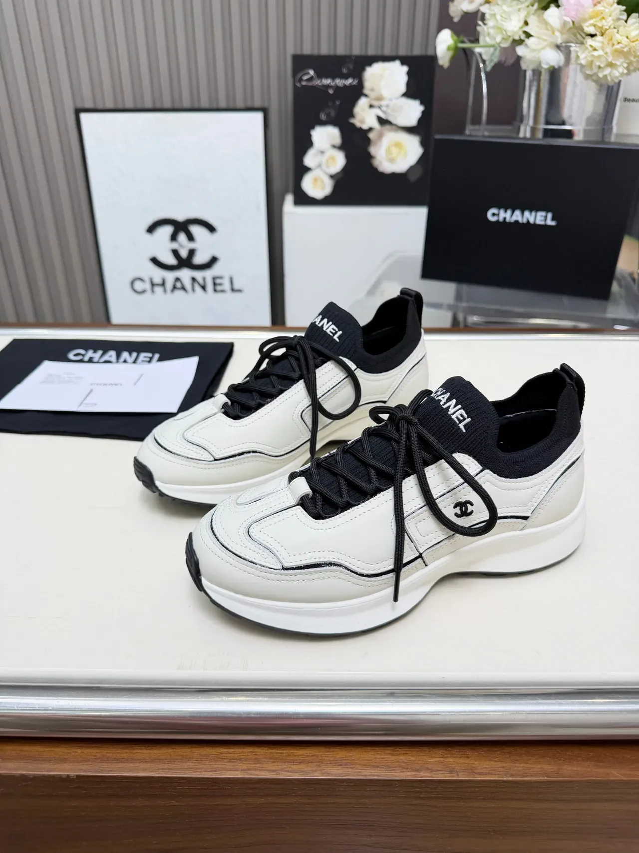 Chanel White and Black Leather CC Logo Chunky Sneakers 4