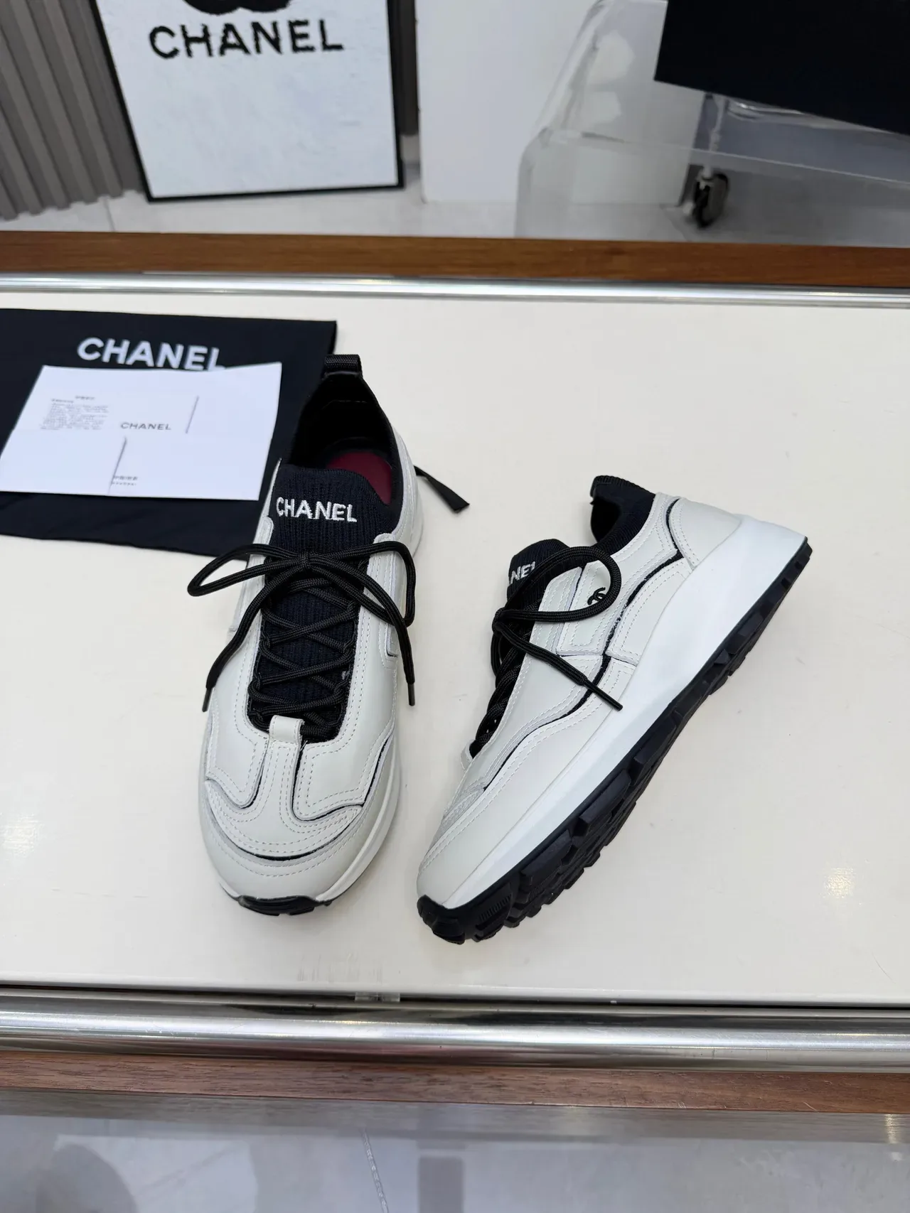 Chanel White and Black Leather CC Logo Chunky Sneakers 5