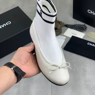Chanel White Black Sock-Knit Ankle Shaft Striped Cuff Ballet Flat