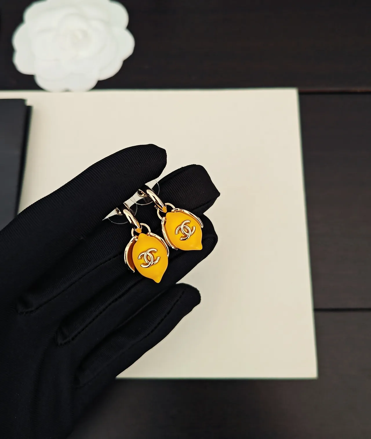 Chanel Yellow Enamel CC Logo Teardrop Earrings 3