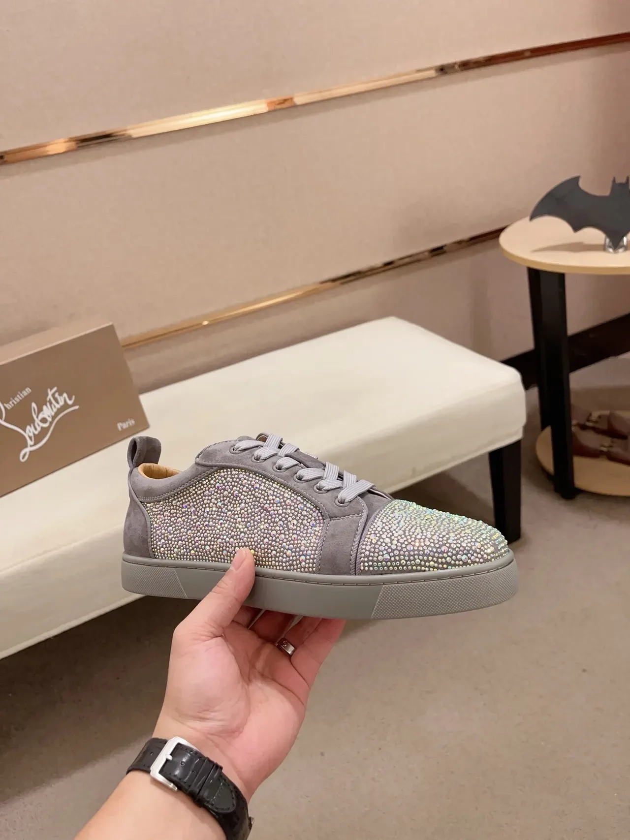 Christian Louboutin Gray Suede Crystal-Embellished Low-Top Sneaker 4