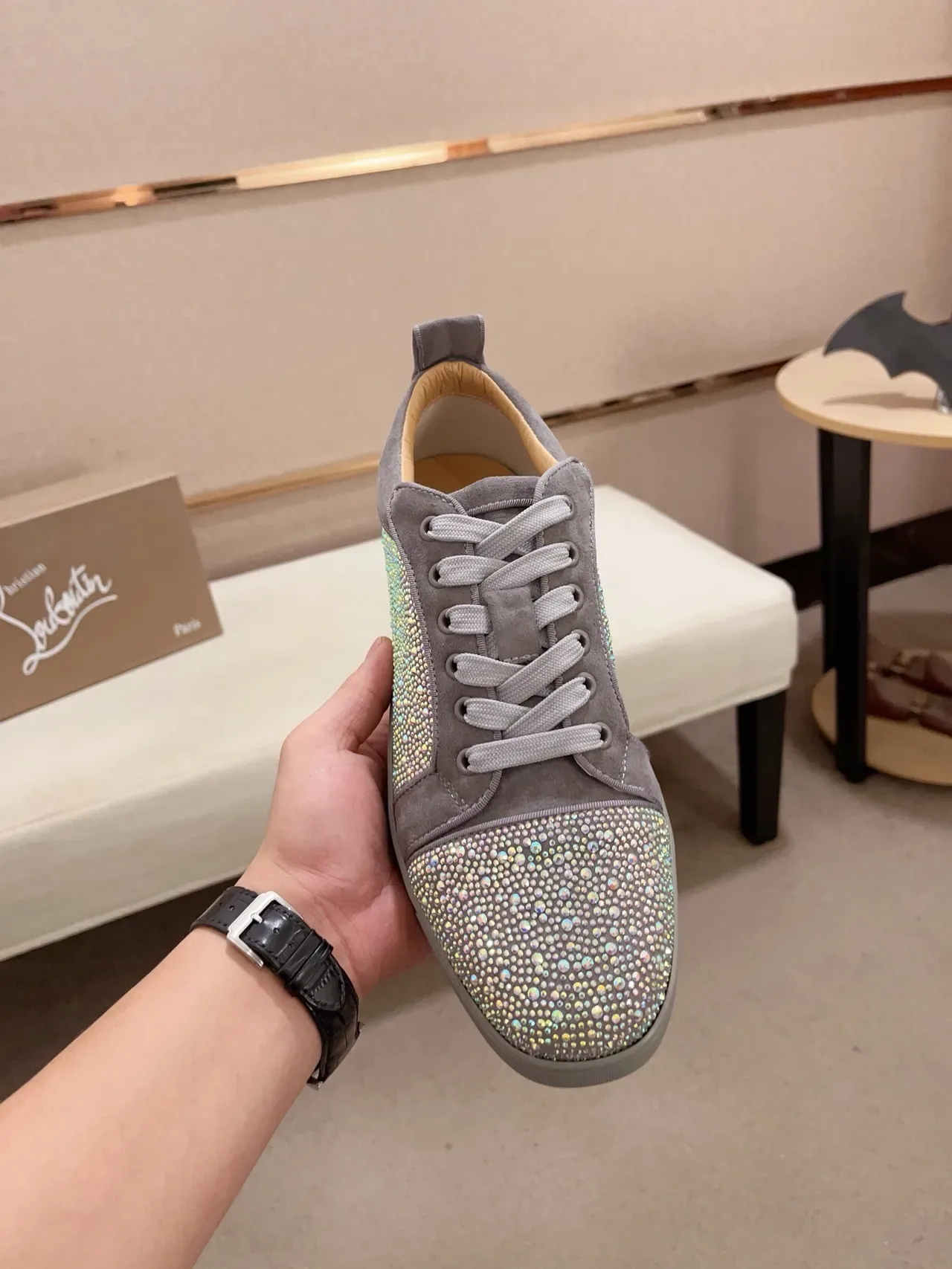 Christian Louboutin Gray Suede Crystal-Embellished Low-Top Sneaker 5
