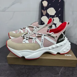 Christian Louboutin Pink Beige Platform Sole Studded Strap Overlays Chunky Sneakers
