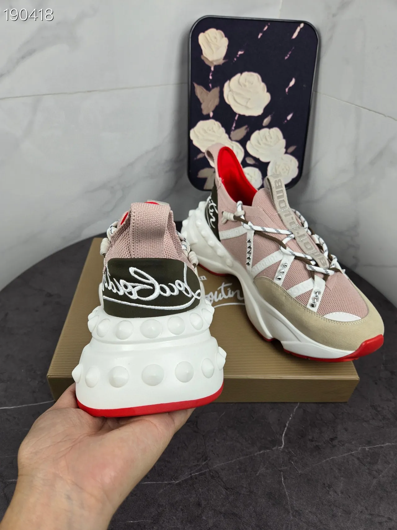 Christian Louboutin وردي بيج منصة نعل مموج بالمسامير حزام طبقات سميك أحذية رياضية 3