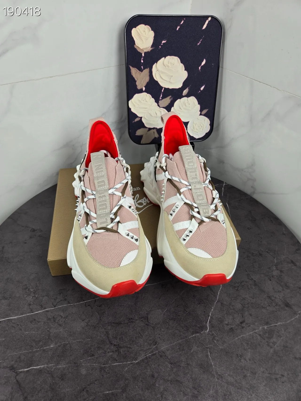 Christian Louboutin وردي بيج منصة نعل مموج بالمسامير حزام طبقات سميك أحذية رياضية 4