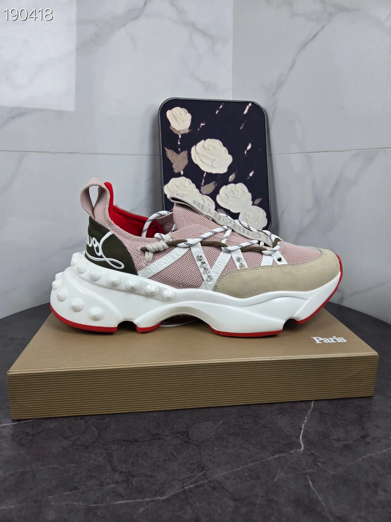 Christian Louboutin وردي بيج منصة نعل مموج بالمسامير حزام طبقات سميك أحذية رياضية 5