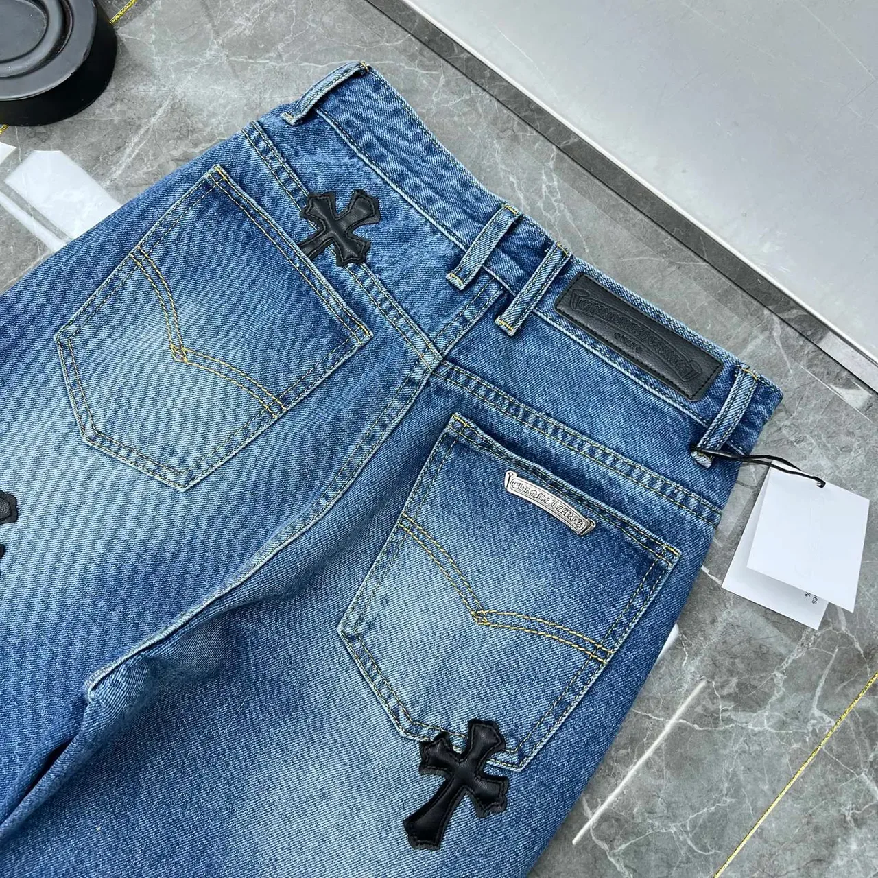 Chrome Hearts Cross Appliqué Medium Wash Blue Jeans 3